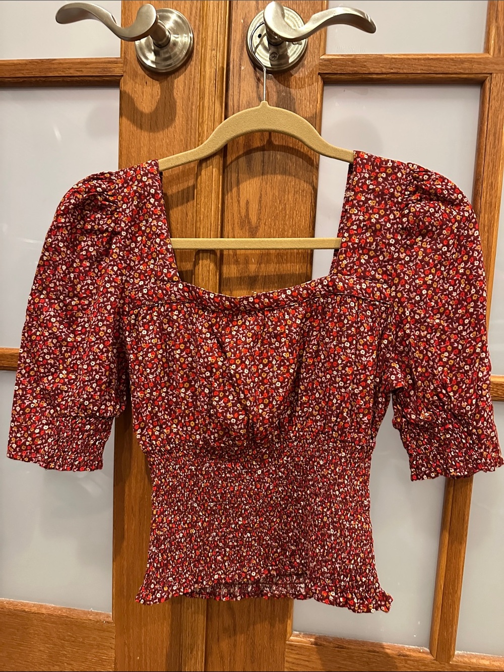 Universal Thread Burgundy Floral Smocked Square-Neck Top - Picture 4 of 8
